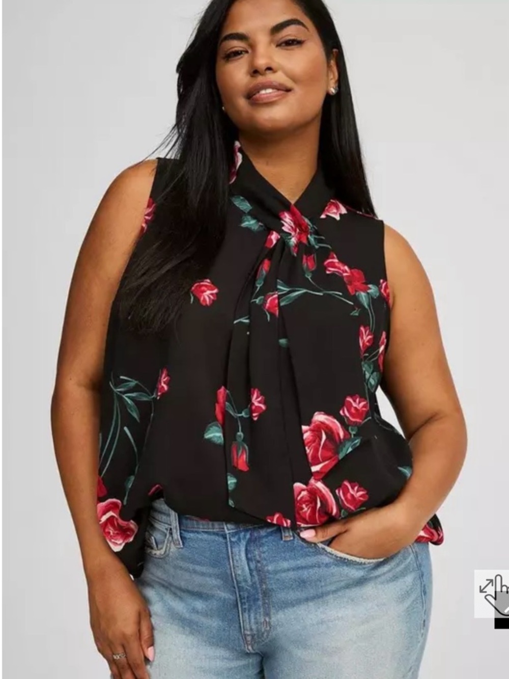 torrid Black Sleeveless Floral Tie-Neck Blouse - Red & Green - Picture 2 of 3